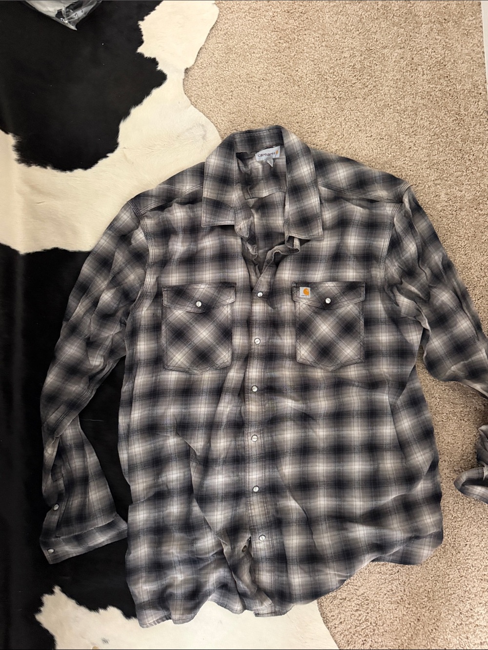 Carhartt Men’s Black and Gray Plaid Snap Button-Down Shirt
